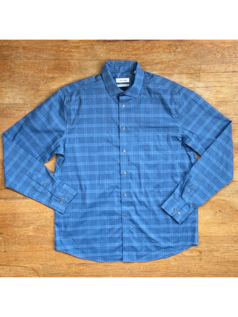 Calvin Klein Mens Dress Shirt Size 16-16.5 36/37 Blue Plaid Cotton Blend